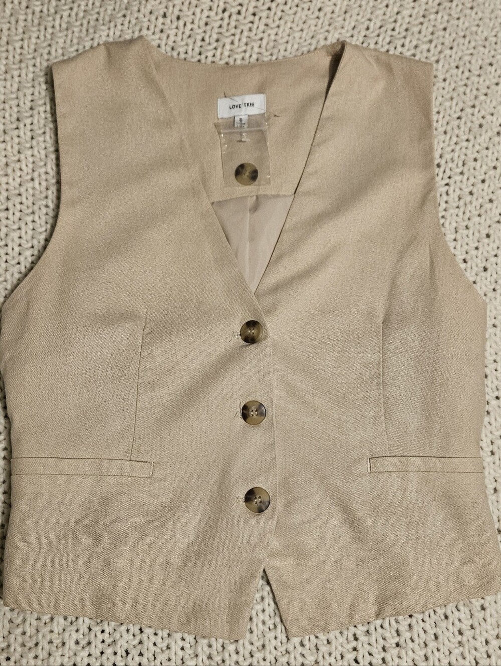 Love Tree Neutral Beige V-Neck Linen Blend Vest. Summer Basic, Work, School.